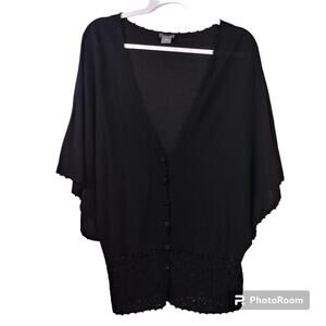 Ann Taylor Black Sweater Cardigan Crochet Trim Size L
